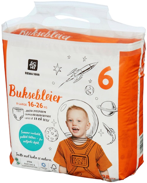 Bilde: © REMA 1000 / Kolonial.no REMA 1000 Lev Vel Buksebleier XL Str.6 16-26kg, 28 stk