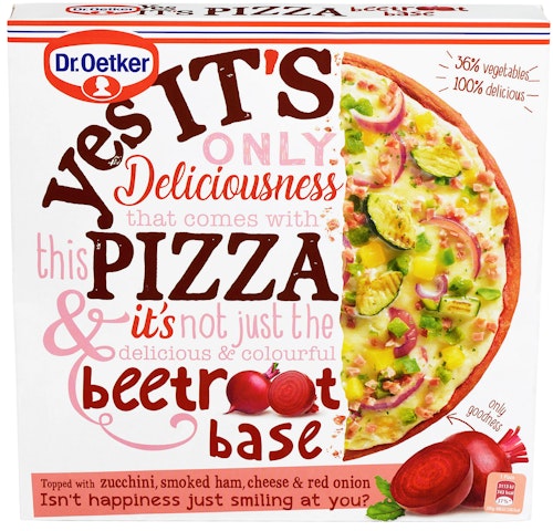 Bilde: © Dr. Oetker / Kolonial.no Dr. Oetker Yes it's pizza med Squash, Skinke og Ost Pizzabunn med Rødbet, 335 g
