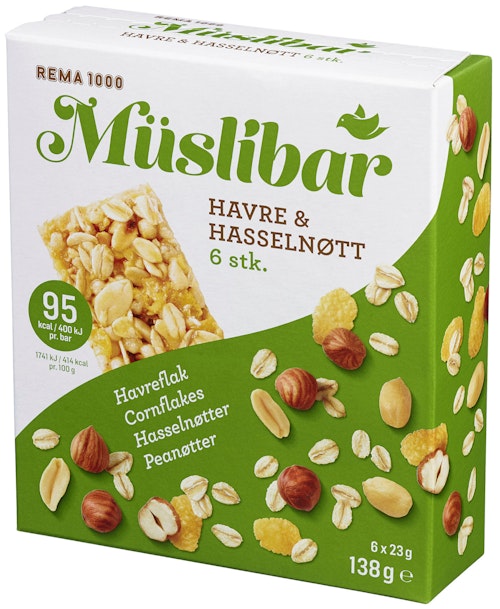 Bilde: © REMA 1000 / Kolonial.no REMA 1000 Müslibar Hasselnøtt og Havre 6 stk, 138 g