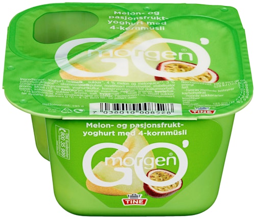 Bilde: © Tine / Kolonial.no Tine Go' Morgen Melon- og pasjonsfrukt med 4-kornmüsli, 195 g