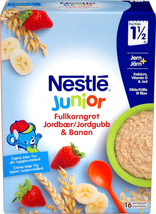 Bilde: © Nestlé / Kolonial.no Nestlé Junior Fullkorn Jordbær Banan Fra 1,5 år, 480 g