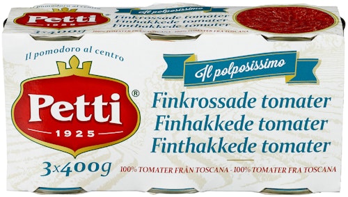 Bilde: © Petti / Kolonial.no Petti Finhakkede Tomater 3 x 400g, 1200 g