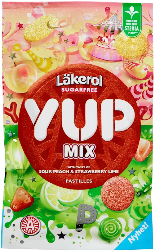 Bilde: © Läkerol / Kolonial.no Läkerol YUP Sour Peach Strawberry Lime Mix 30 g
