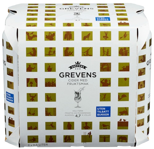 Bilde: © Grevens / Kolonial.no Grevens Cider Med Fruktsmak Uten Sukker 6 x 0,5l, 3 l