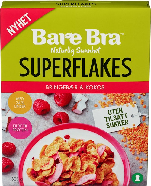 Bilde: © Bare Bra / Kolonial.no Bare Bra Superflakes Bringebær og Kokos 320 g