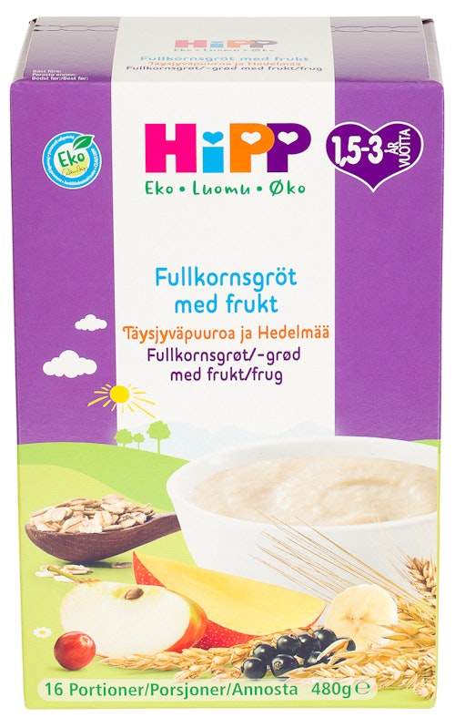 Bilde: © Hipp / Kolonial.no Hipp Fullkornsgrøt med Frukt & Bær Fra 1,5 år, 16 porsjoner, 480 g