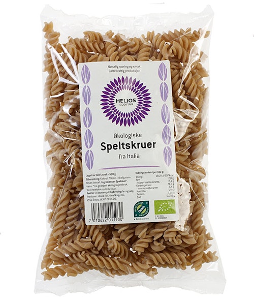 Bilde: © Helios / Kolonial.no Helios Speltskruer Fullkorn Økologisk, 500 g