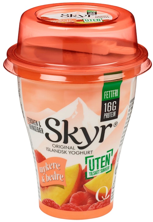 Bilde: © Q-meieriene / Kolonial.no Q-meieriene Skyr Fersken & Bringebær 160 g