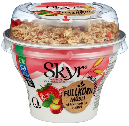Bilde: © Q-meieriene / Kolonial.no Q-meieriene Skyr Fullkorn Müsli Med Jordbær og Rabarbra, 160 g