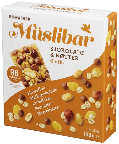 Bilde: © REMA 1000 / Oda REMA 1000 Müslibar Sjokolade og Nøtter 23g 6pk 6 stk, 138 g