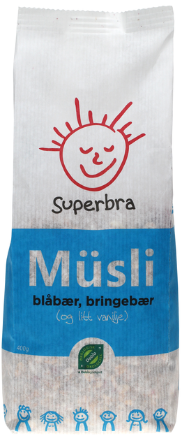 Bilde: © Superbra / Kolonial.no Superbra Müsli med Blåbær, Bringebær & Vanilje 400 g