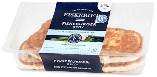 Bilde: © Fiskeriet / Kolonial.no Fiskeriet Fiskeburger Steinbit 61% Fisk, 480 g