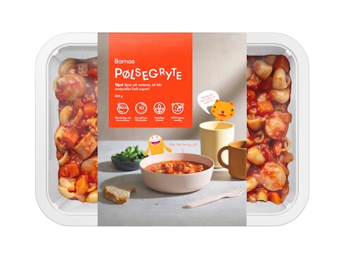 Bilde: © Oda / Oda Oda Barnas Pølsegryte i Tomatsaus med Fullkornsmakaroni Fiks ferdig, 2 porsjoner