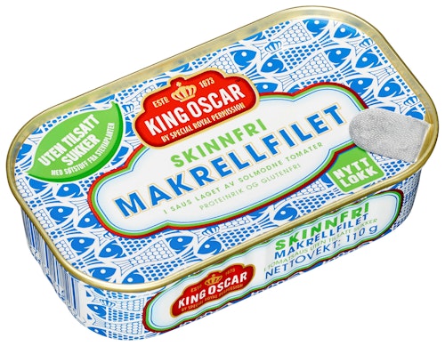 Bilde: © King Oscar / Kolonial.no King Oscar Skinnfri Makrell Stevia 110 g