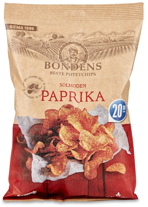 Bilde: © Sørlandschips / Kolonial.no Sørlandschips Bondens Potetchips Paprika 200 g