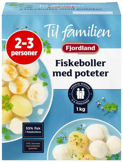 Bilde: © Fjordland / Kolonial.no Fjordland Fiskeboller i Hvit Saus Med Poteter Familiepakkning, 1 kg