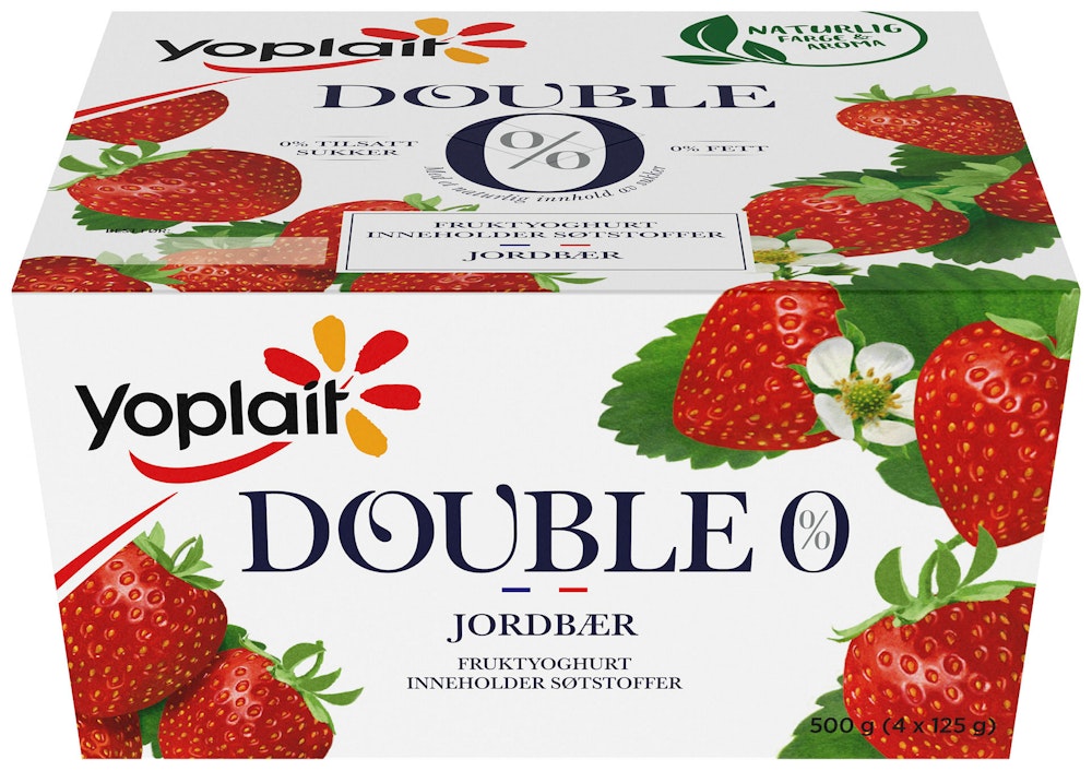 Fjordland Yoplait Double 0% Jordbær, 4X125gr