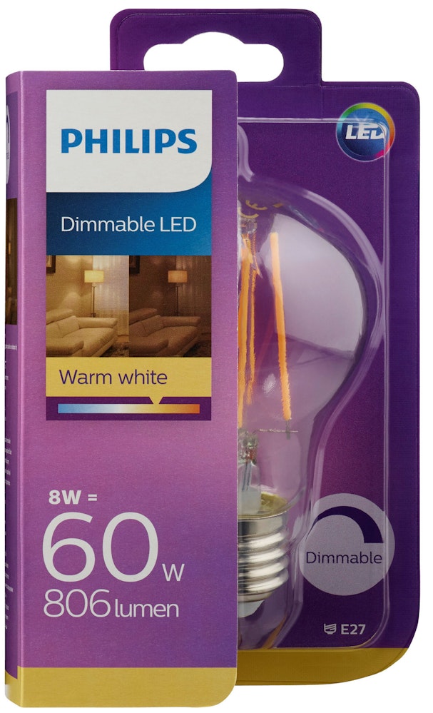 Philips Lyspære Led Classic 60w, E27 Normal Varmhvit Klar Dimbar