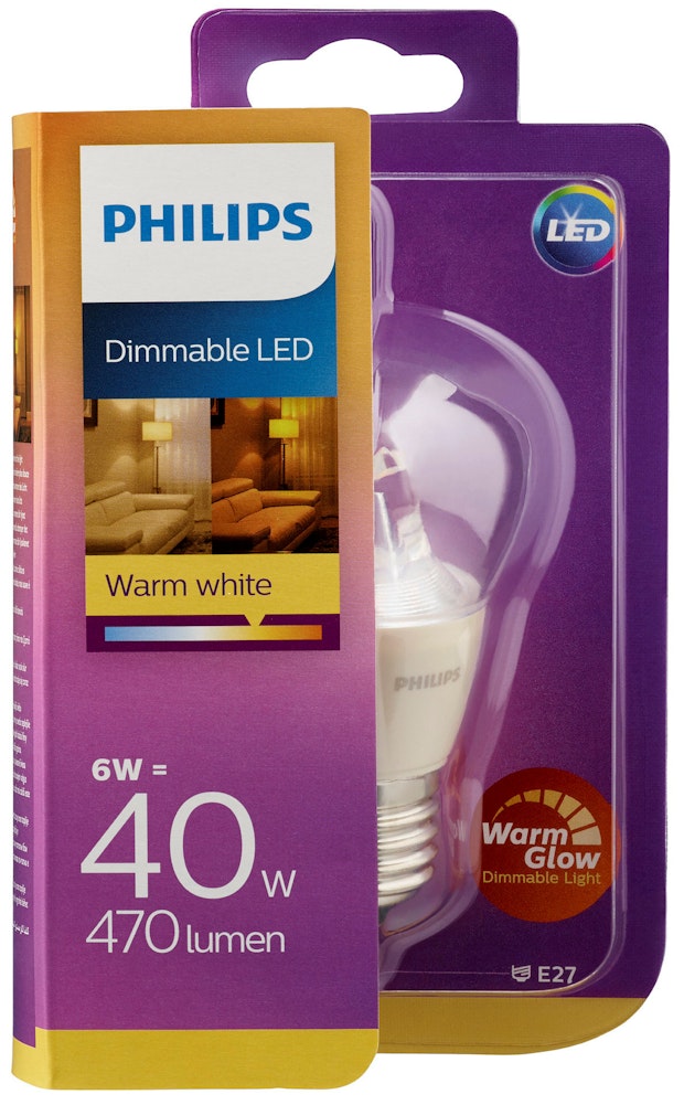 Philips Lyspære Led 40w, E27 Krone Klar Filament Warmglow Dim