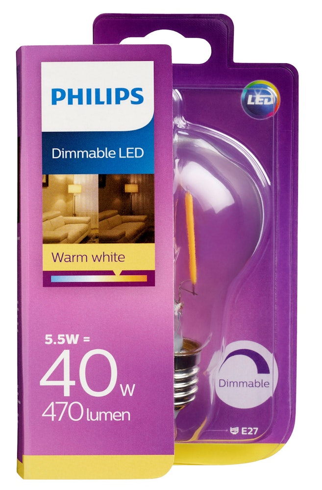 Philips Lyspære Led 40w, E27 Filament Dim