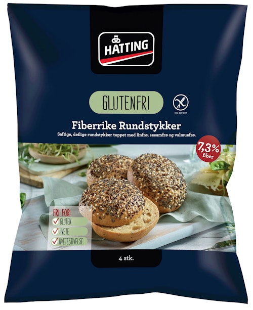 Bilde: © Hatting / Kolonial.no Hatting Glutenfrie Fiberrundstykker 4 stk, 420 g