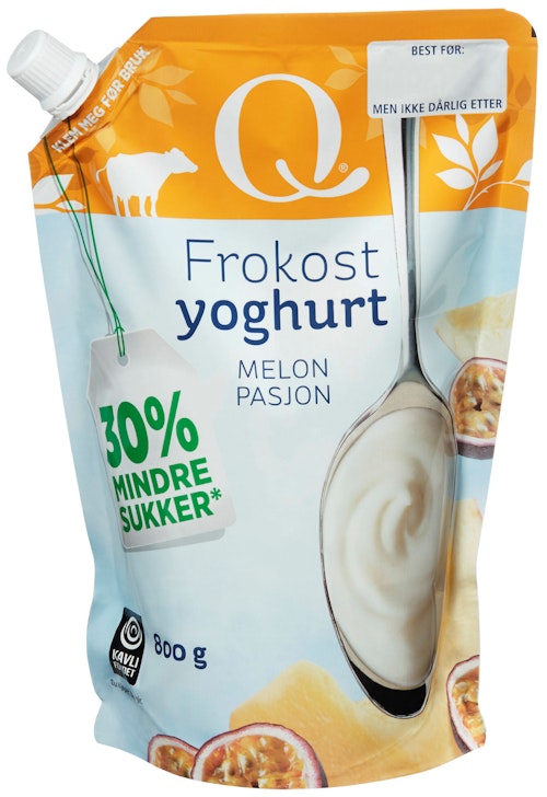 Bilde: © Q-meieriene / Kolonial.no Q-meieriene Q Frokostyoghurt Melon & Pasjonsfrukt Pose, 800 g