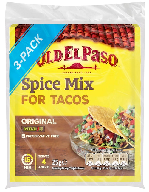 Bilde: © Old El Paso / Kolonial.no Old El Paso Taco Spice Mix 3 stk 3 x 25g, 85 g