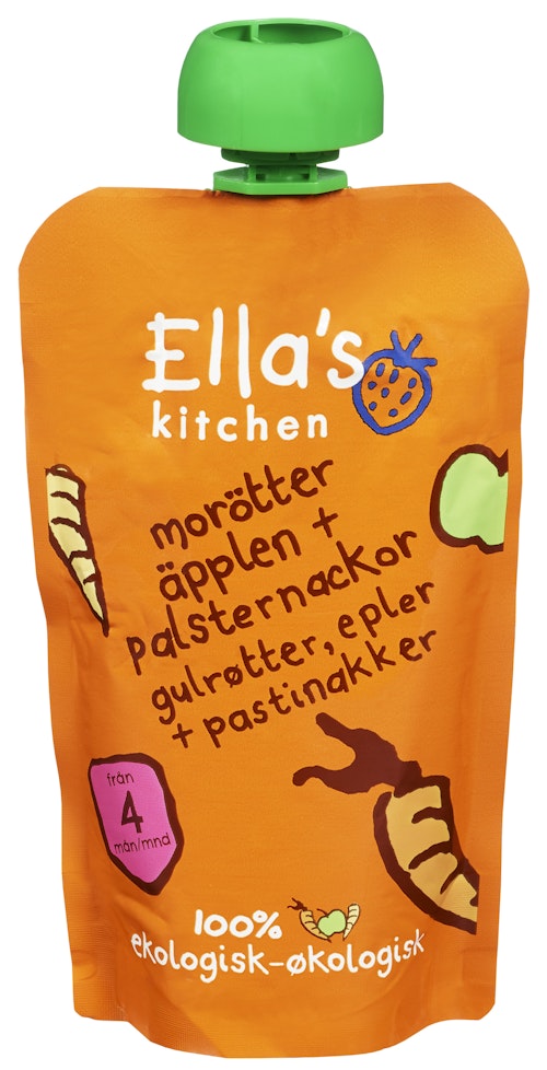 Bilde: © Ella's Kitchen / Kolonial.no Ella's Kitchen Eple Gulrot + Pastinakk Økologisk, Fra 4 mnd, 120 g