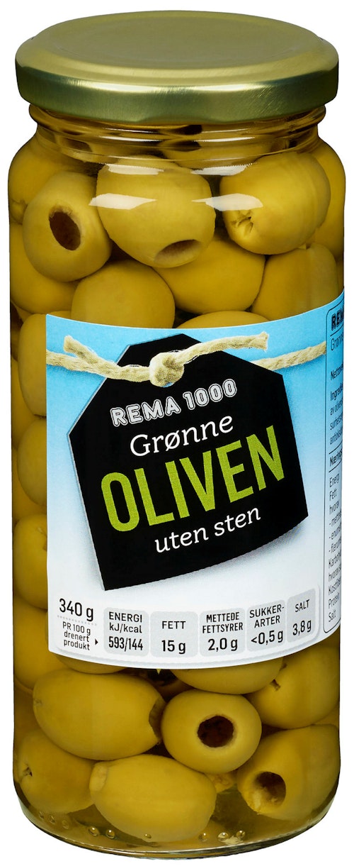 Bilde: © REMA 1000 / Kolonial.no REMA 1000 Oliven Grønn Uten Sten 340 g
