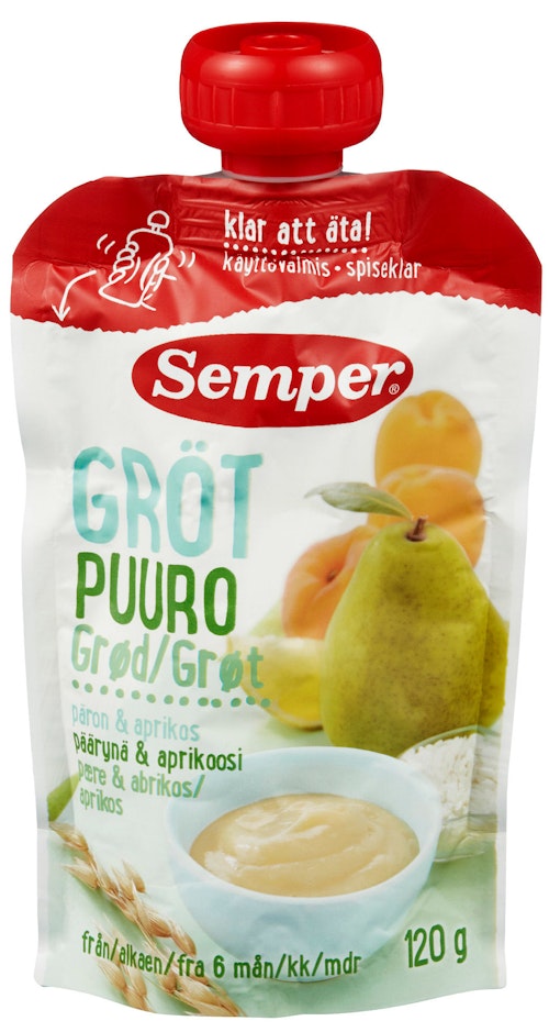 Bilde: © Semper / Kolonial.no Semper Grøt Pære & Aprikos Fra 6 mnd, 120 g