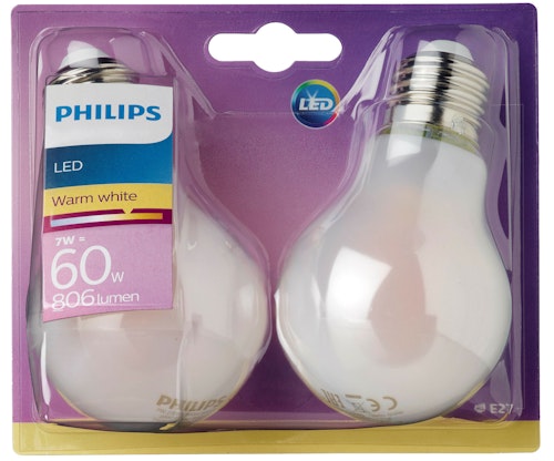 Bilde: © Philips / Kolonial.no Philips Lyspære Led Classic 60w, E27 Normal Frost Varmhvit, 2 stk