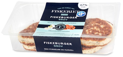 Bilde: © Fiskeriet / Kolonial.no Fiskeriet Fiskeburger Purre&Paprika 67% Fisk, 480 g