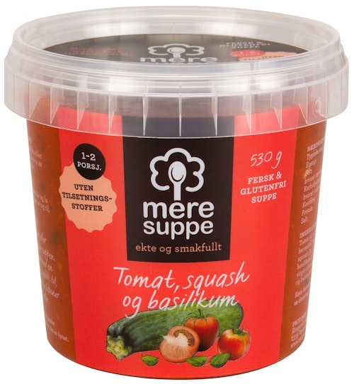 Bilde: © Mere Suppe / Kolonial.no Mere Suppe Suppe med Tomat, Squash & Basilikum 530 g